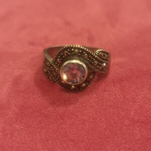 Vintage 925 Sterling Silver Amethyst Gemstone Marcasite Ring Size 6